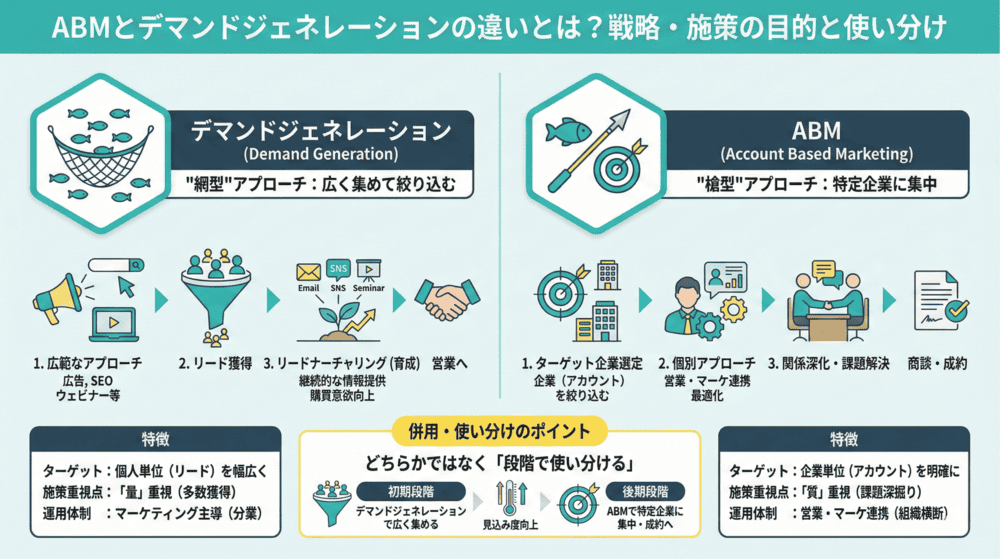 ABMとデマンドジェネレーションの違いとは？戦略・施策の目的と使い分け